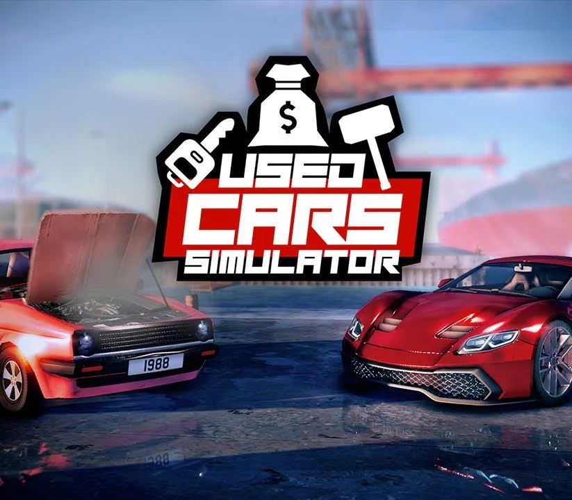 Used Cars Simulator logo over docks, orange hatchback hood up plate 1988 facing a shiny red coupe