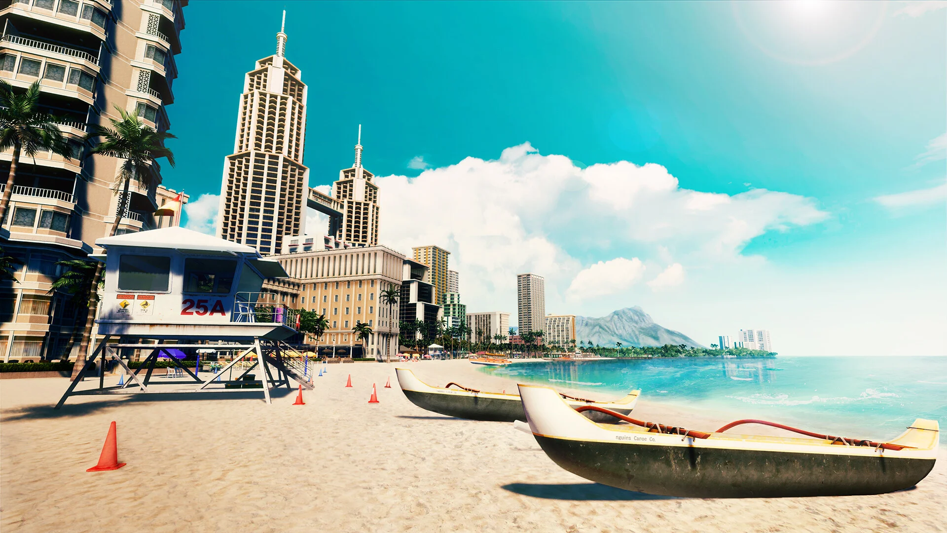 Honolulu beach with outrigger canoes, a lifeguard tower, and glass towers