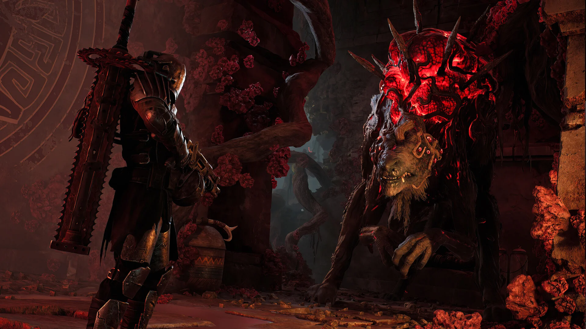 Armoured survivor with a huge saw-backed blade facing a red-crowned beast in a coral-red ruin