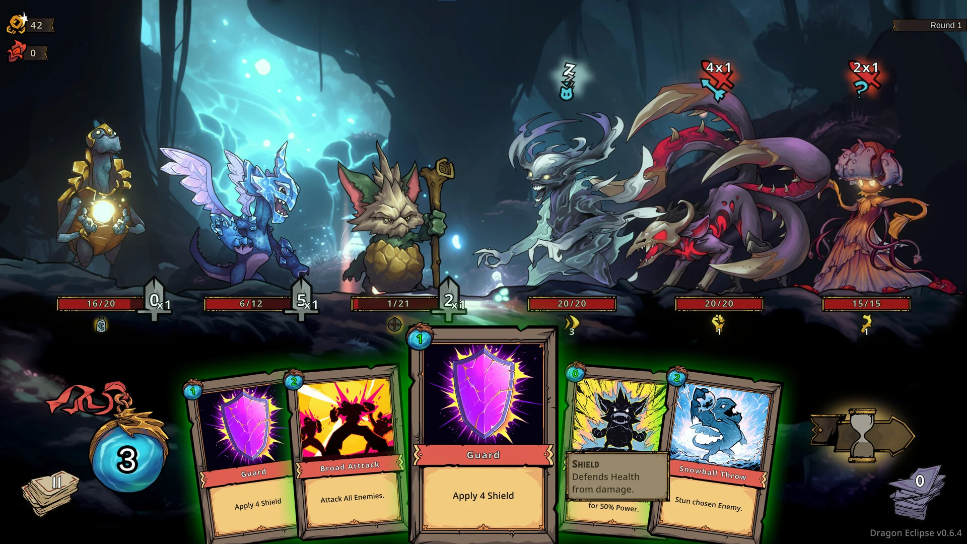 Round 1 auto-battle: three Mystlings versus three foes, Guard and Broad Attack cards, energy 3
