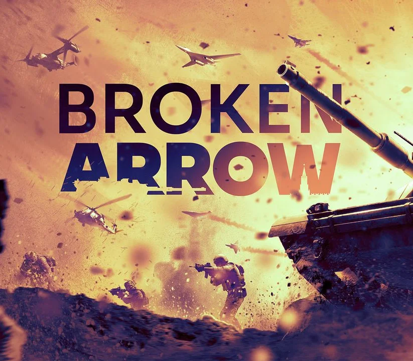Broken Arrow cover with a tank barrel, jets, a helicopter, and infantry in a dust cloud