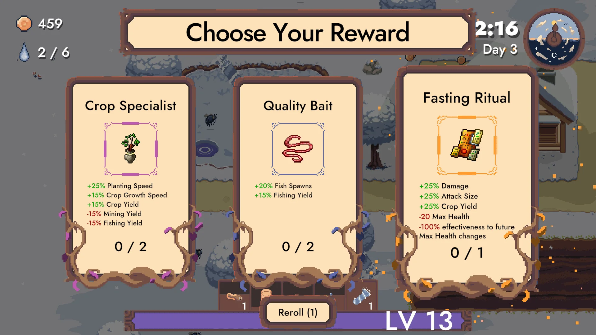 Choose Your Reward: Crop Specialist, Quality Bait, Fasting Ritual, Reroll, LV 13