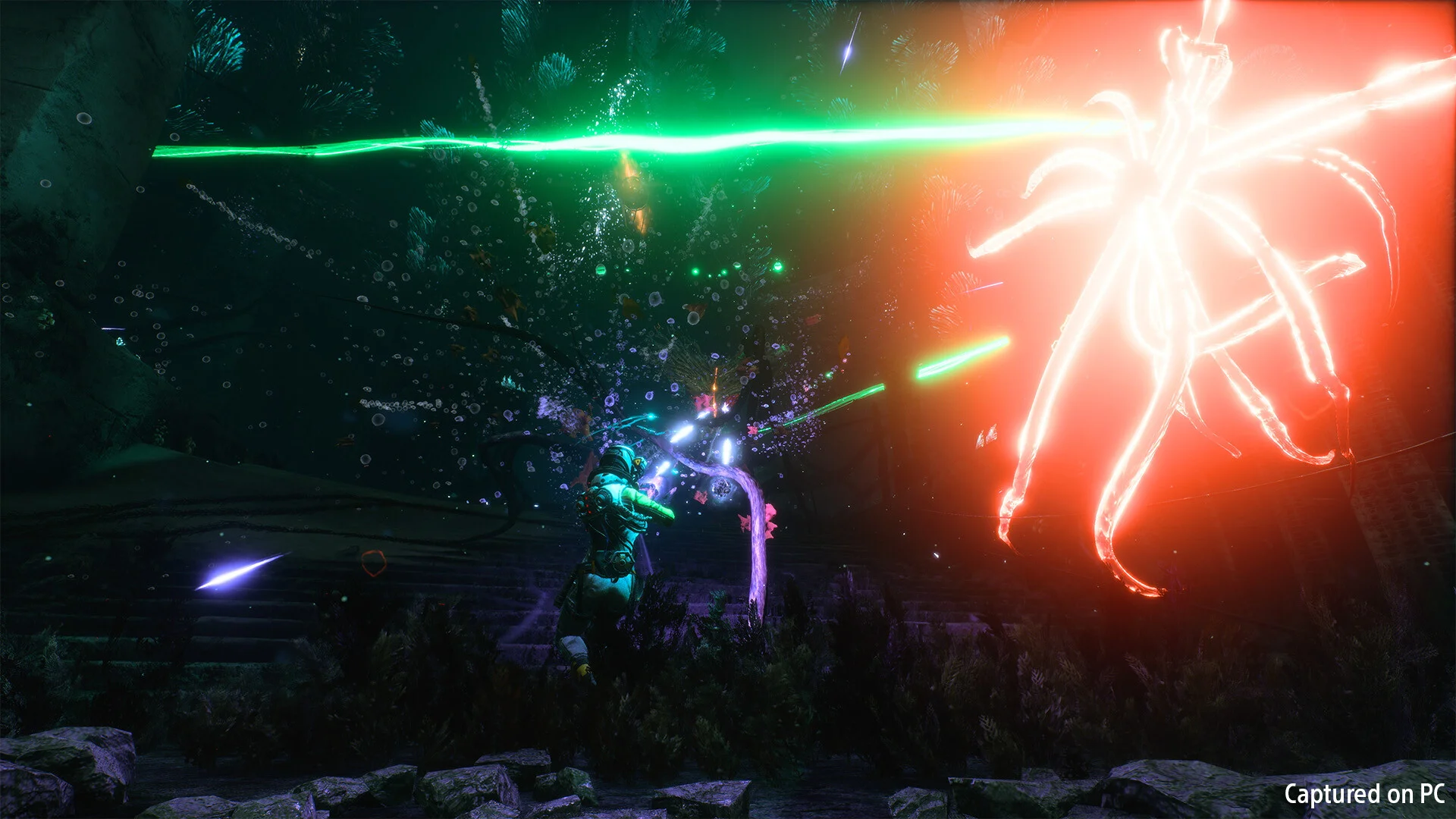 Selene fires a glowing weapon at a red energy creature under a green laser line