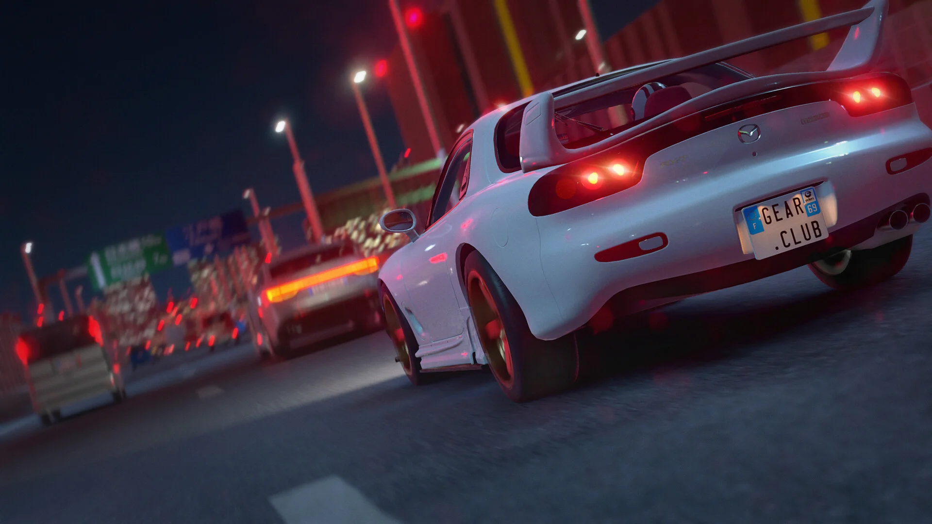 White Mazda RX-7 at night on a highway, red taillights, GEAR.CLUB French plate, cars ahead under streetlights