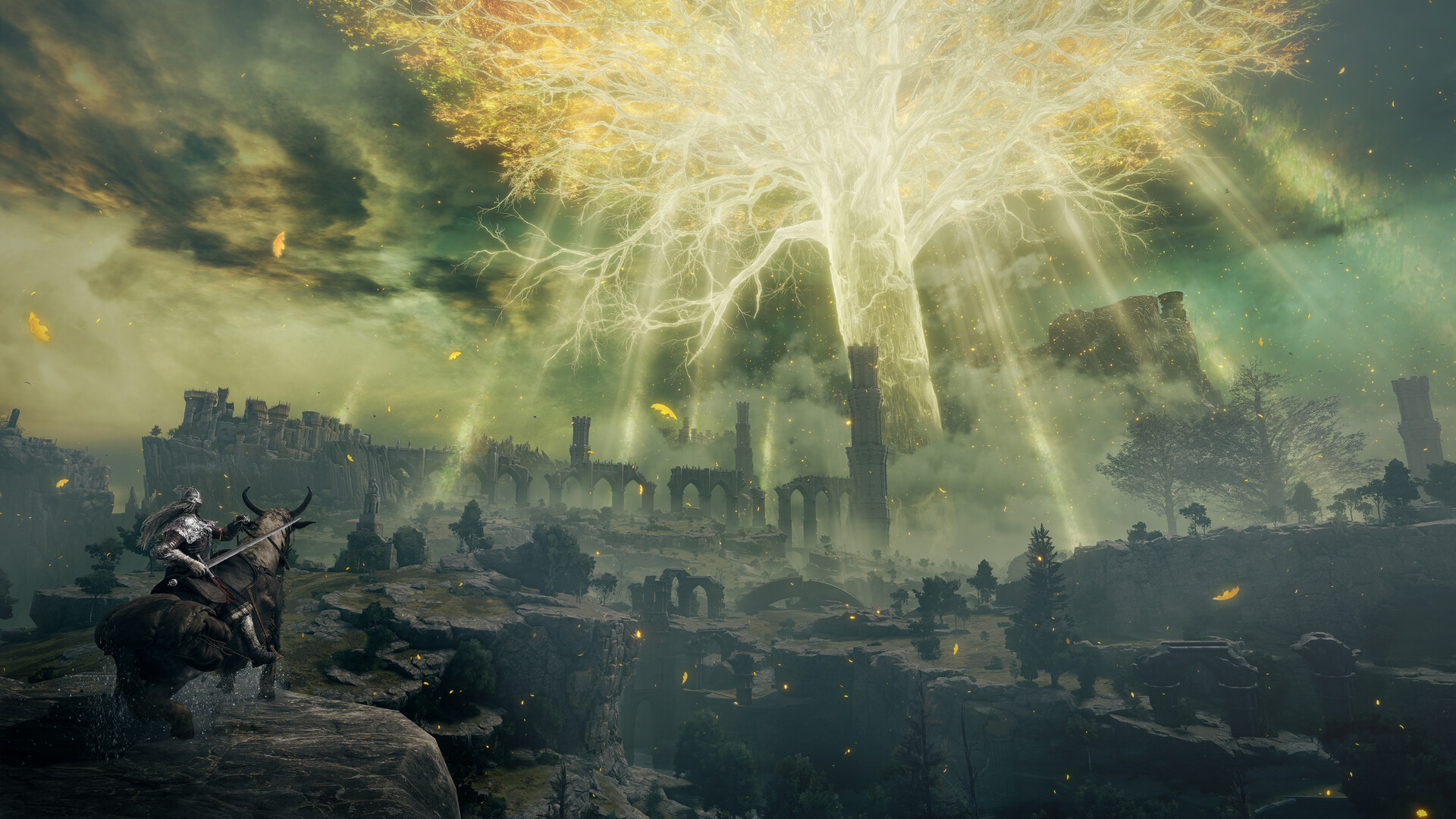 Tarnished rides toward the glowing Erdtree ruins