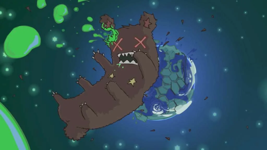 A huge dark creature floating over a small planet