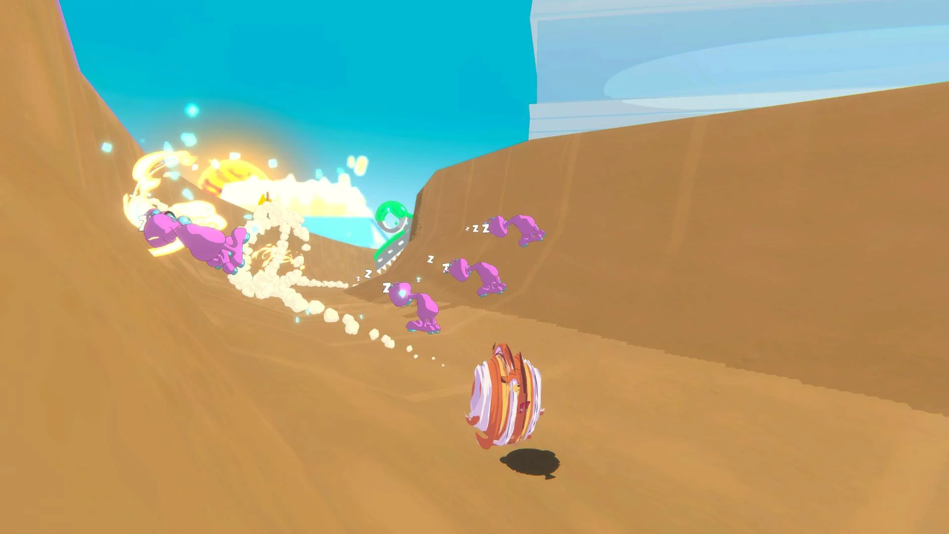 Orange-white hairball rolling a sandy canyon after pink sleeping sheep robots and a gold burst, Zzz marks, blue sky