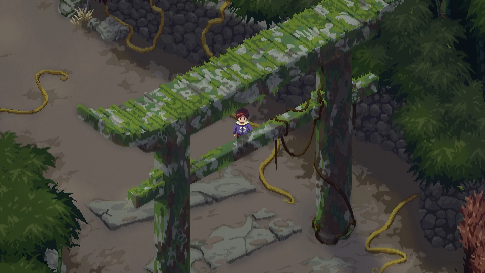 Nocturne hero exploring dark overgrown ruins with mossy walkways, stone pillars and hanging yellow cables