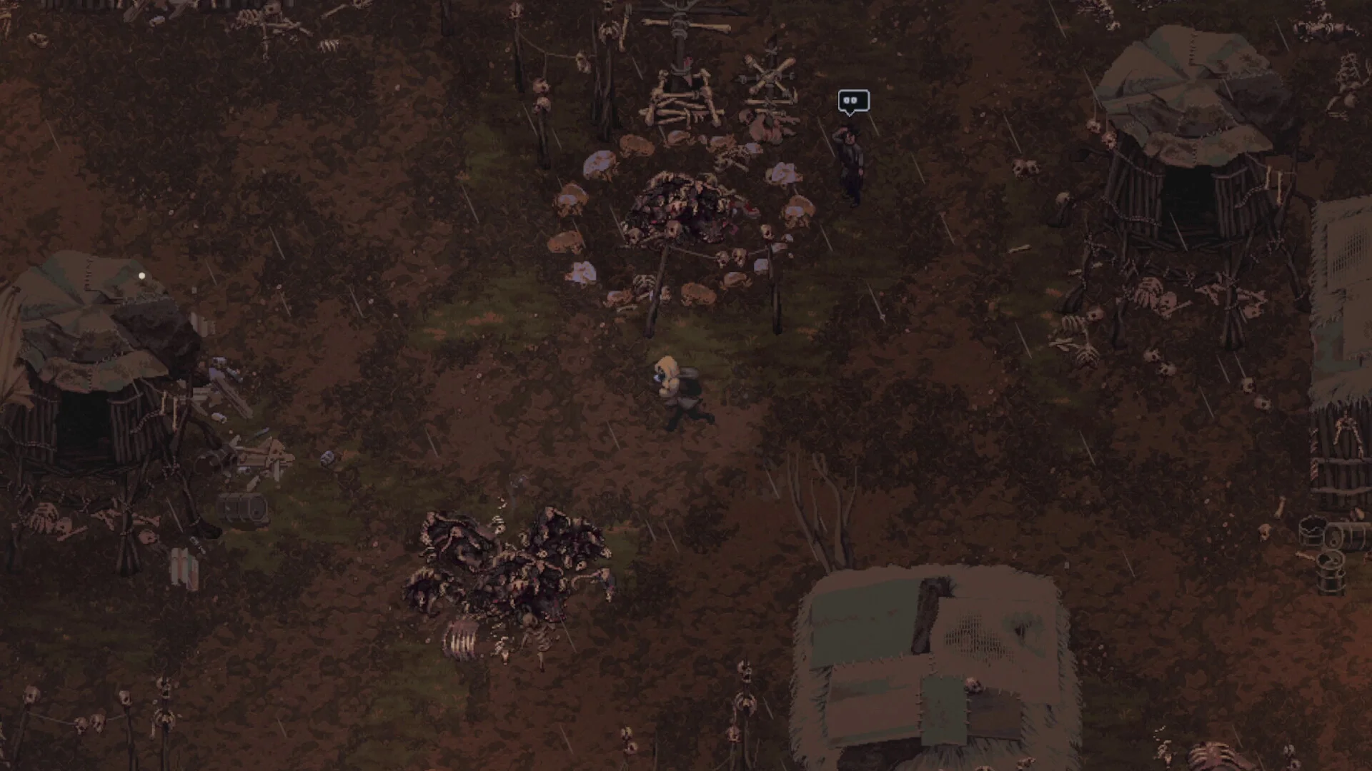 Bone camp: skull huts, skull fire, speech bubble, yellow-hooded scavenger in the rain