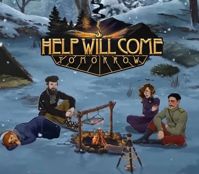 Help Will Come Tomorrow cover, four figures around a campfire under the gold title in falling snow