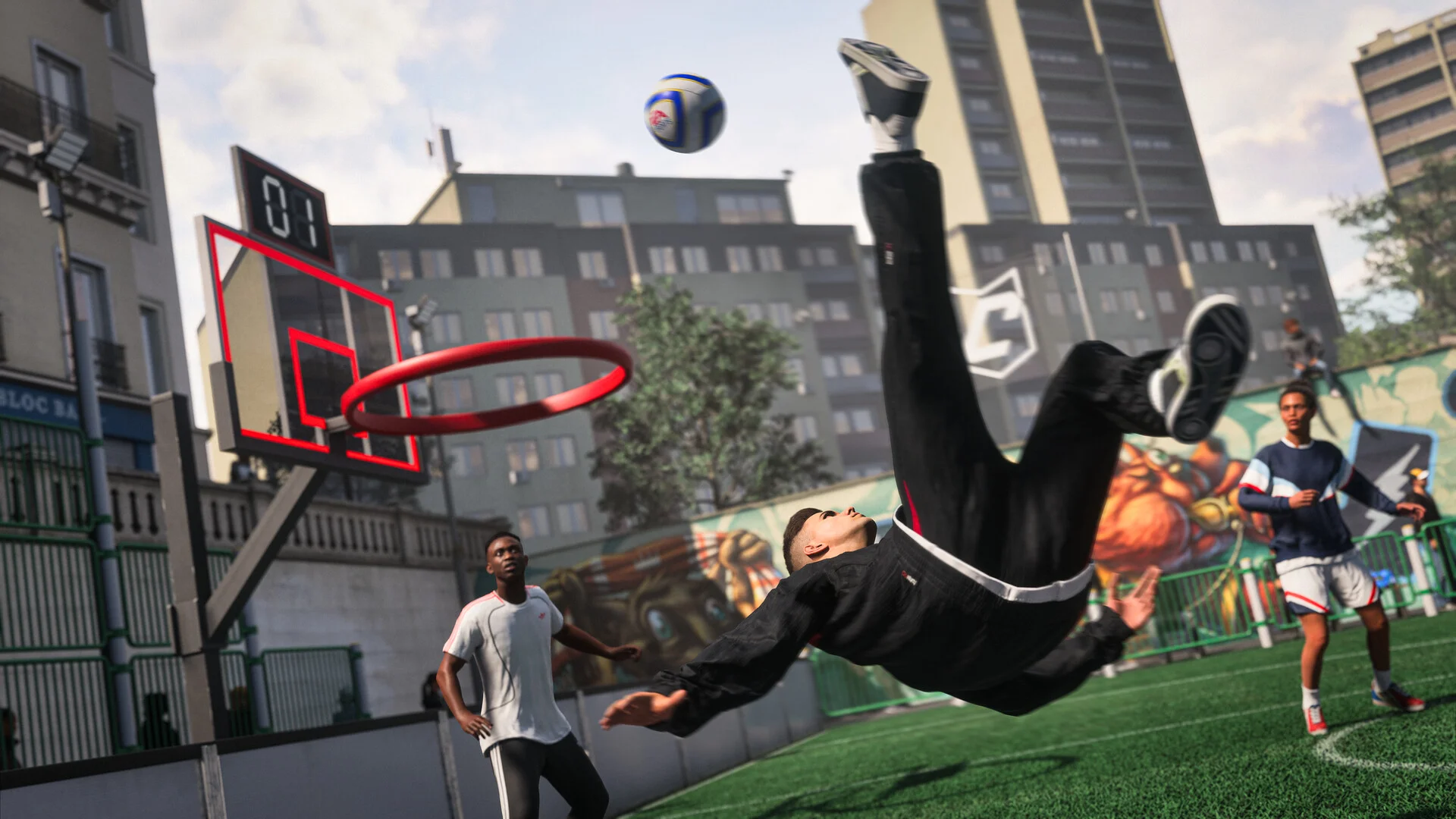 A player in black flips toward a ball on a street pitch beside a basketball hoop