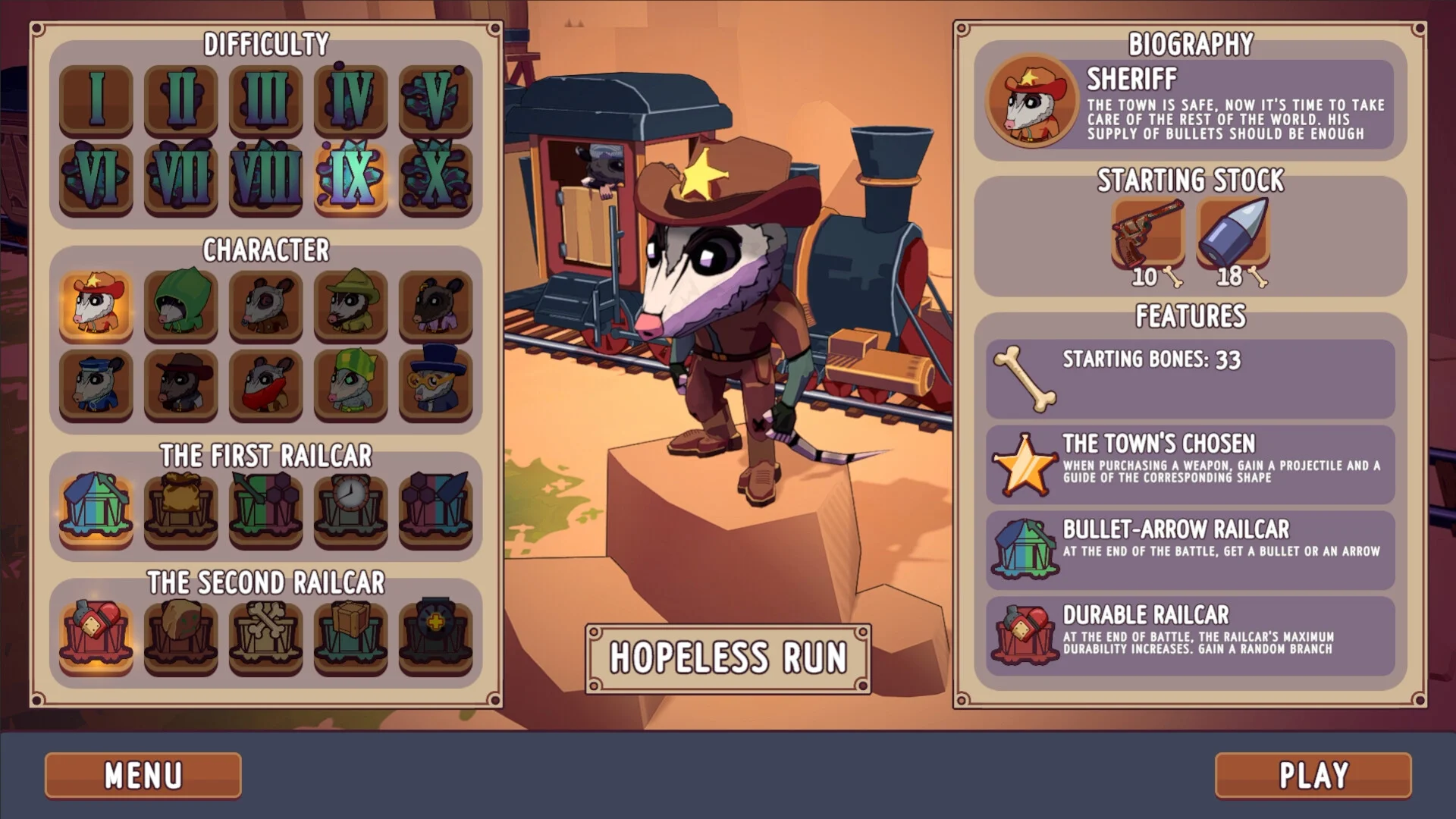 Loadout screen Sheriff on a rock, HOPELESS RUN, Difficulty I to X, railcar picks, STARTING BONES 33