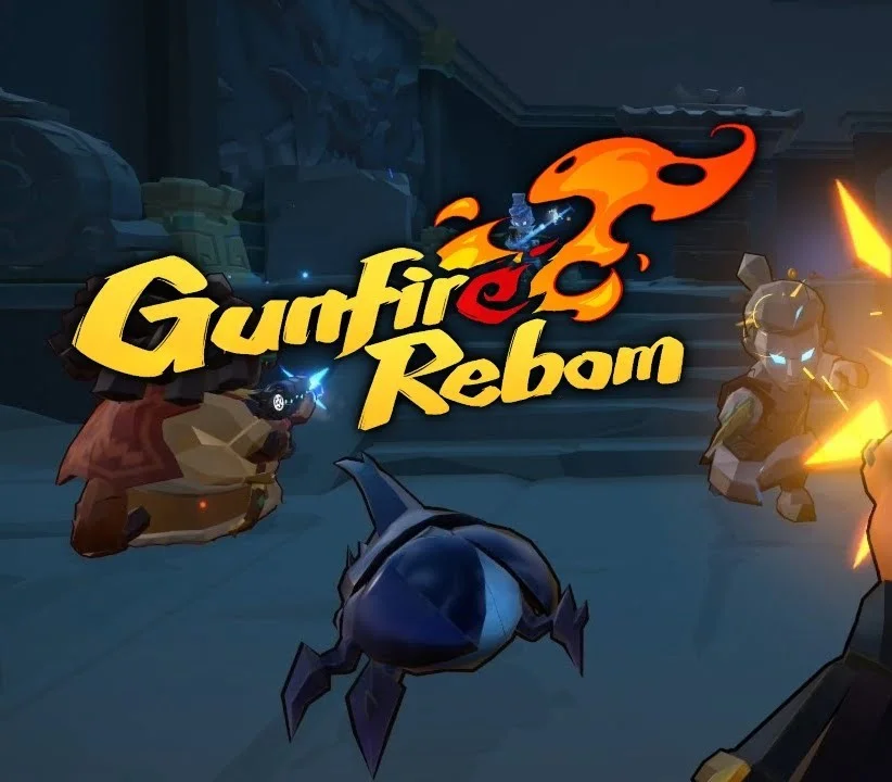 Żółte logo Gunfire Reborn nad niebieską kamienną salą, z pomarańczowym płomieniem, brązową opancerzoną postacią, ciemnym żukiem i świecącym wrogiem