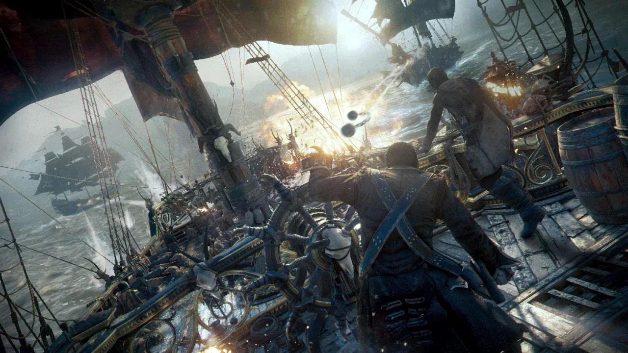 Helmsman gripping a skull-capped wheel while a crewmate fires a cannon into a blazing hull at point-blank range