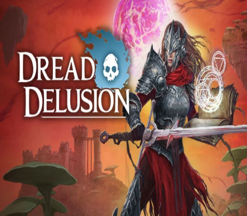 Dread Delusion title with a skull icon, armored woman with a longsword and glowing book under a pink moon, mushrooms and a castle