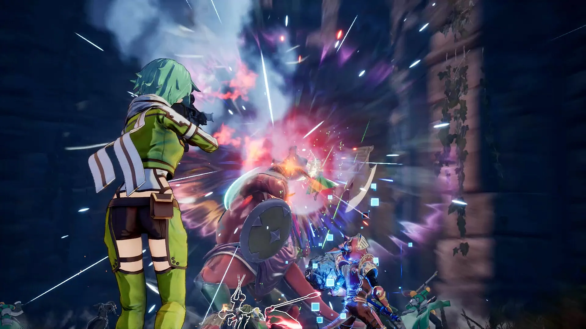 Green-haired fighter in a striped scarf aiming into a pink explosion beside a stone wall