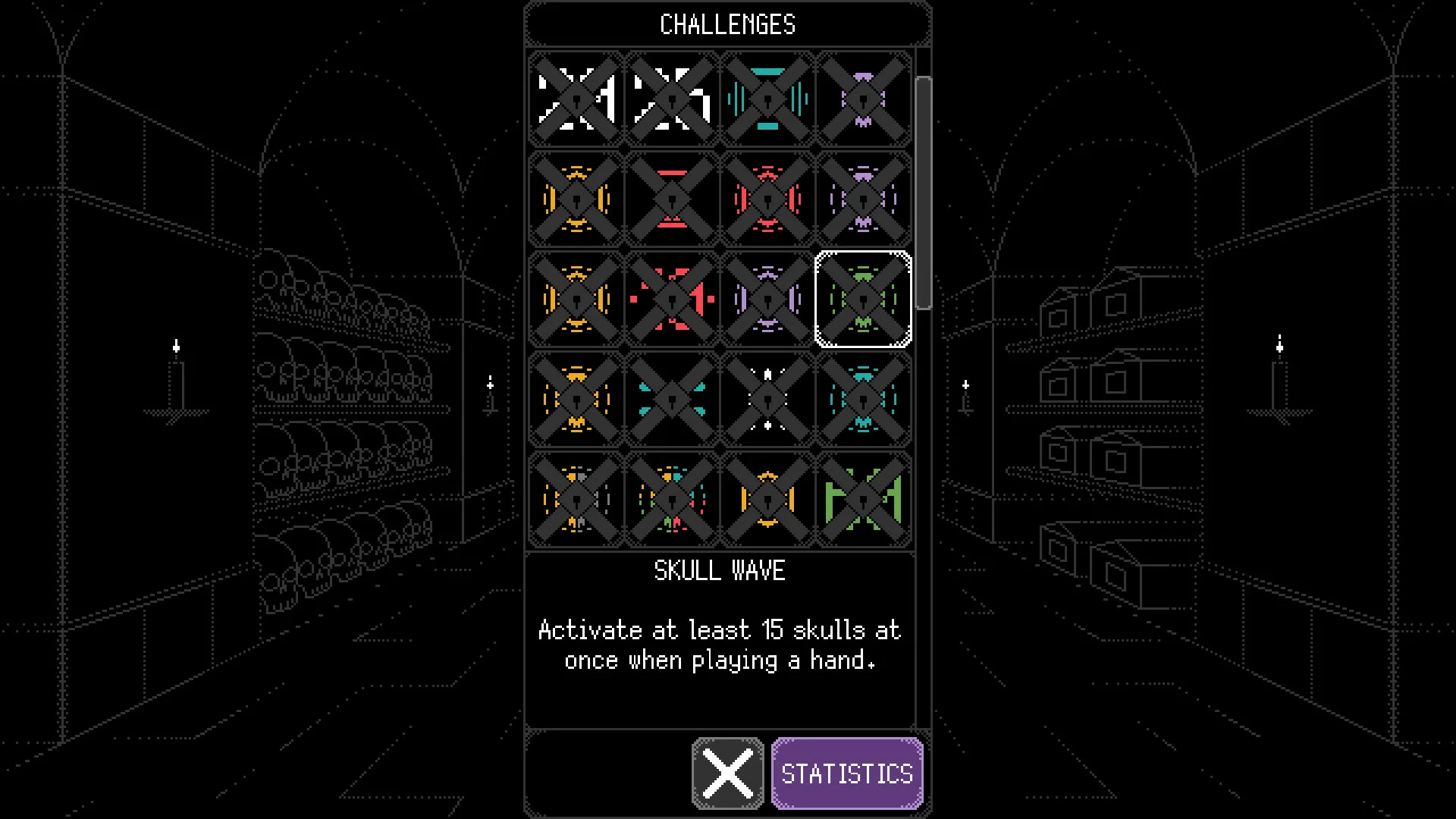 Challenges grid with crossed icons, Skull Wave selected, activate at least 15 skulls on one hand