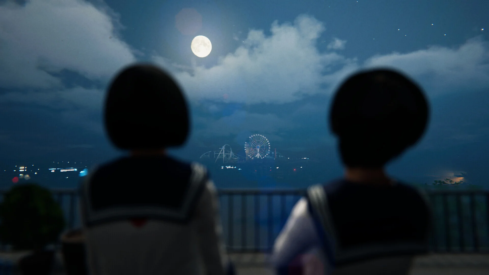 Two sailor-uniform silhouettes on a balcony, full moon, Ferris wheel and coaster lights across the water