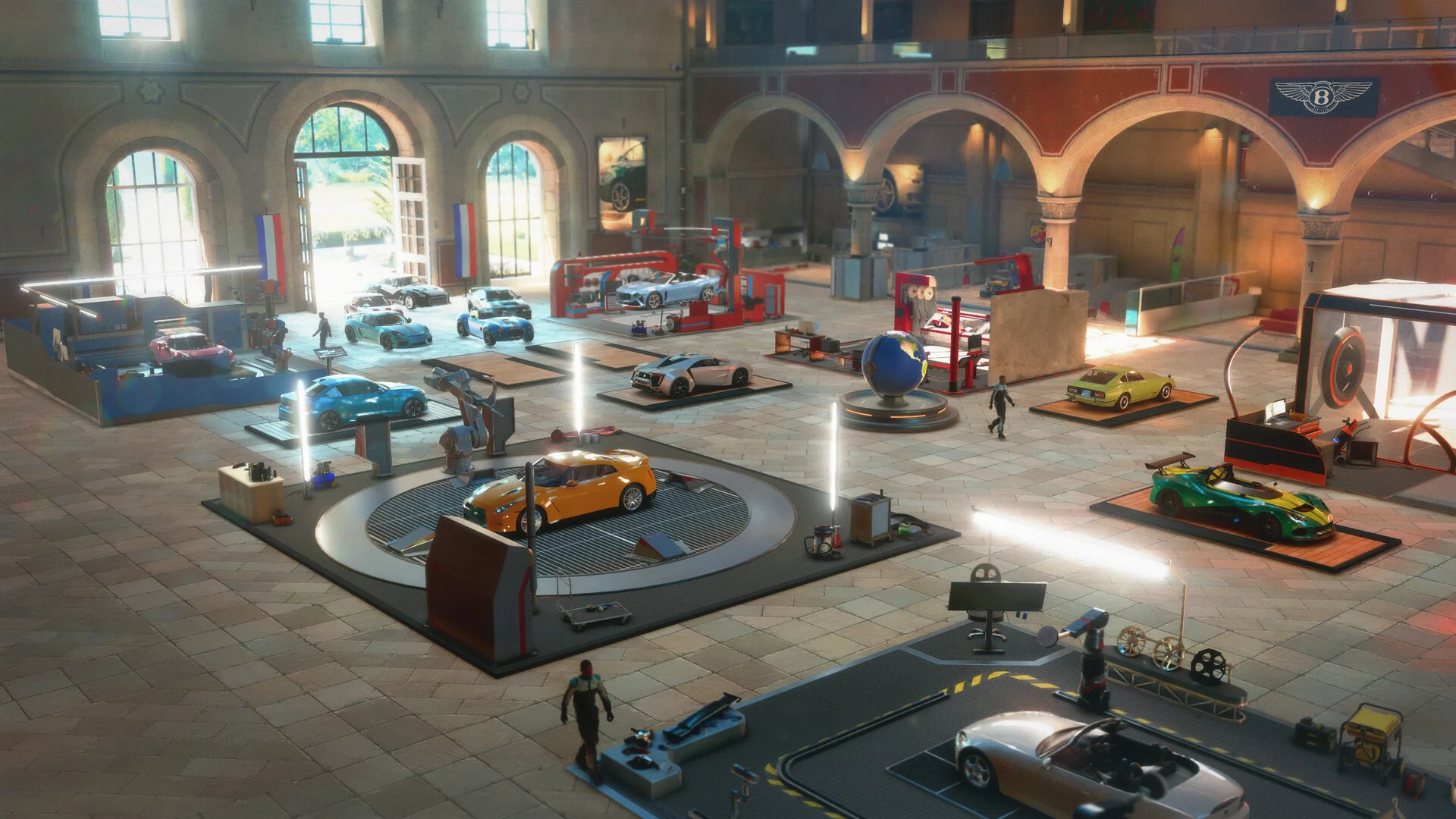 Vaulted garage hall, orange coupe on a central turntable, blue and green cars on pads, globe display, arched windows