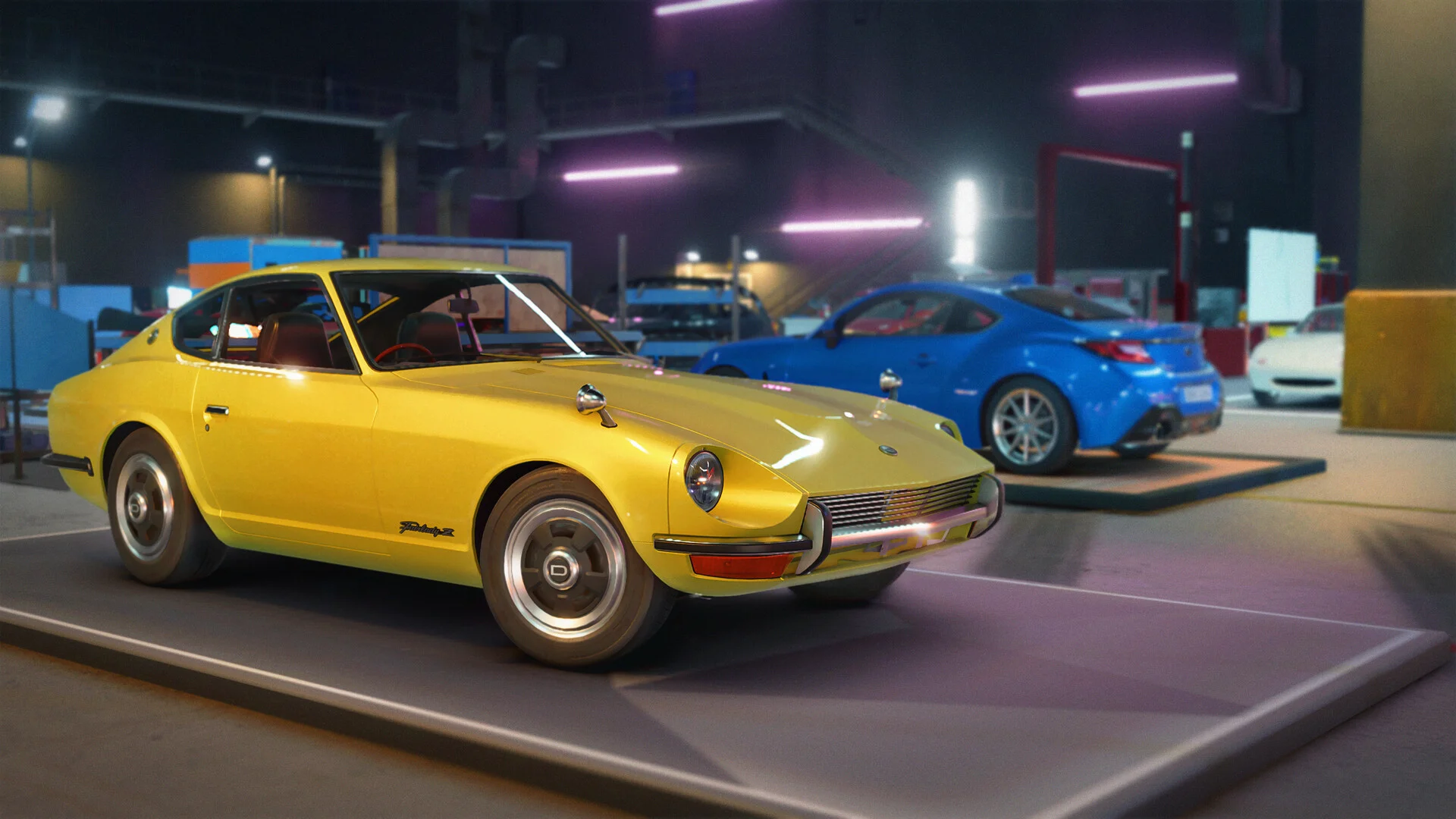 Yellow classic Datsun Fairlady Z on a garage pad, blue modern coupe behind, purple warehouse lights