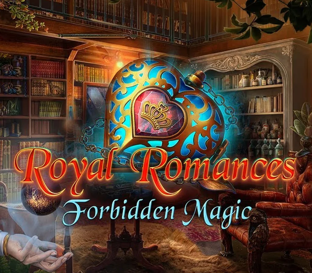 Royal Romances: Forbidden Magic cover: a crowned heart locket glowing in a candlelit library