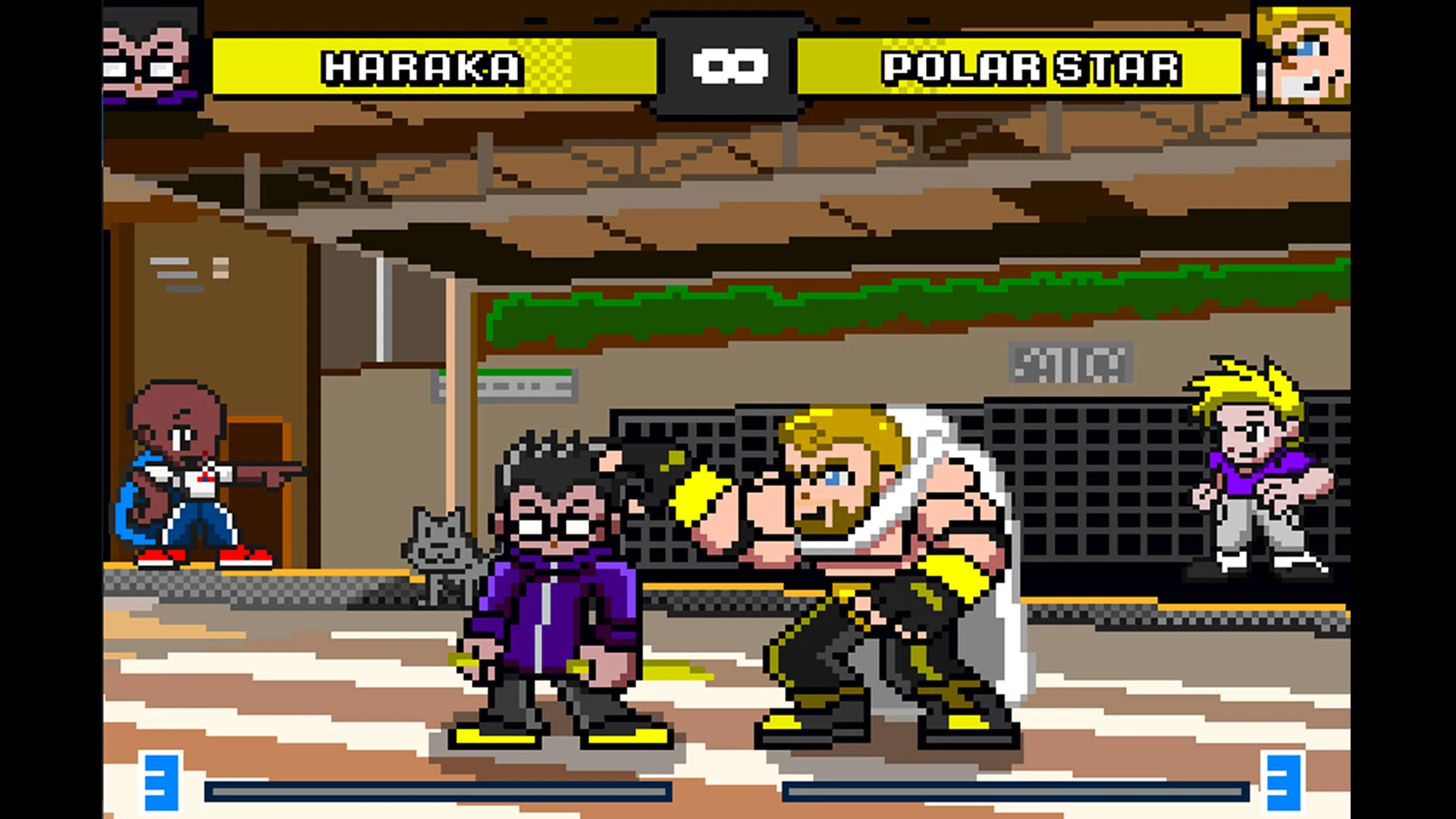 Polar Star confronts Haraka on a brown street stage with spectators