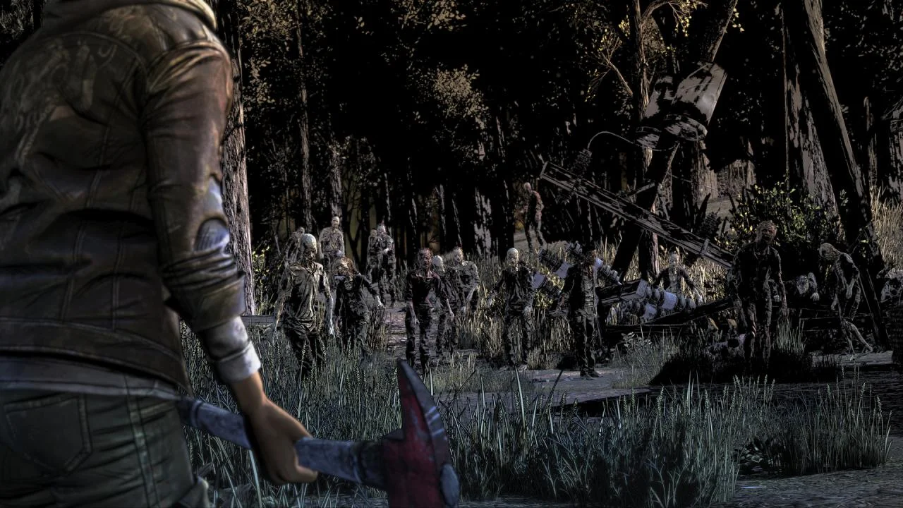 A survivor with a hatchet facing a walker crowd in a pine forest beside crashed wreckage