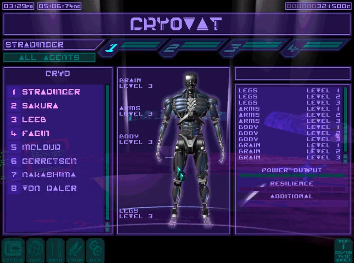 A grey cybernetic agent stands in a purple research menu.