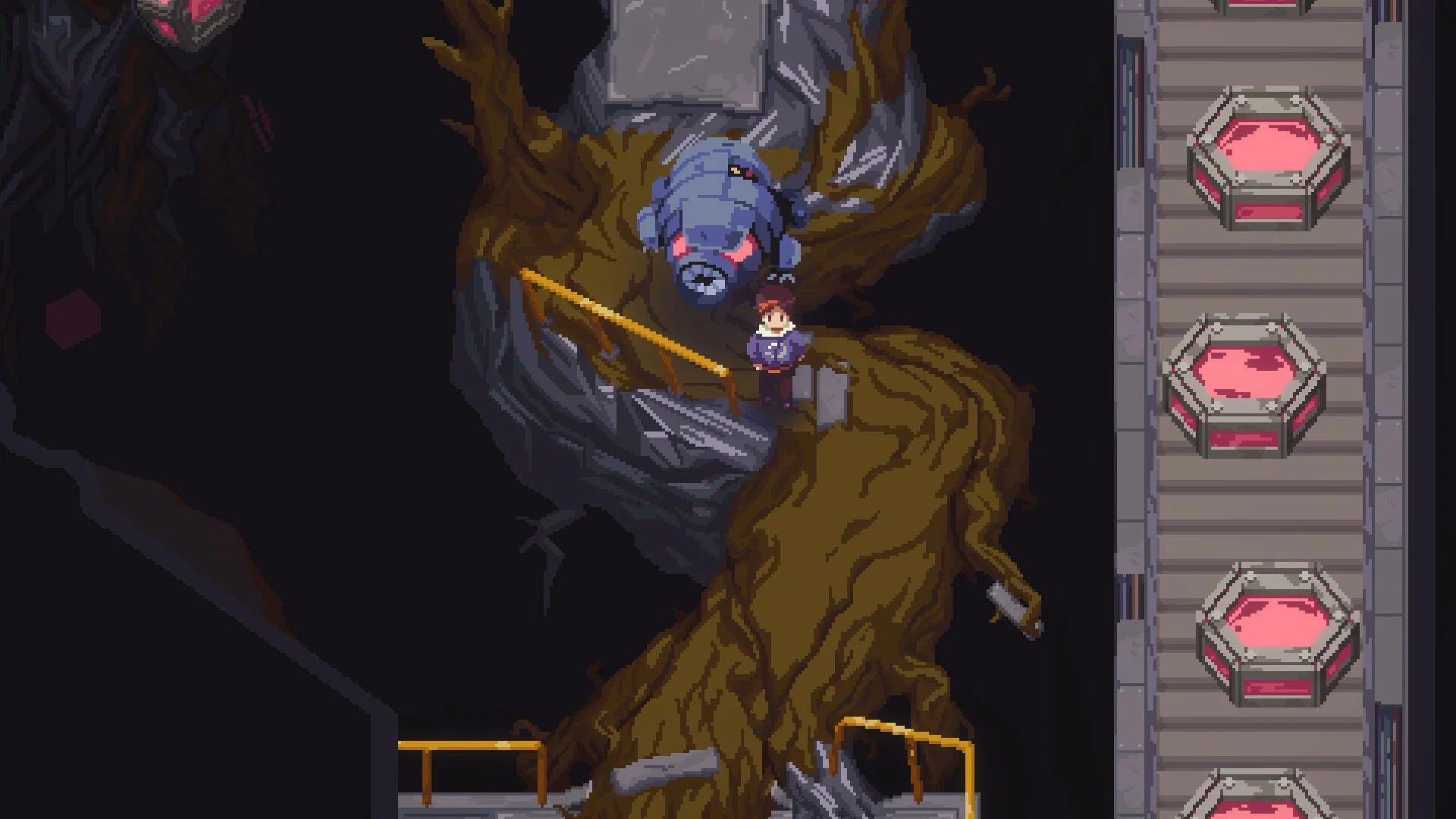 Nocturne hero on giant tree roots beneath a blue armoured creature beside an industrial conveyor