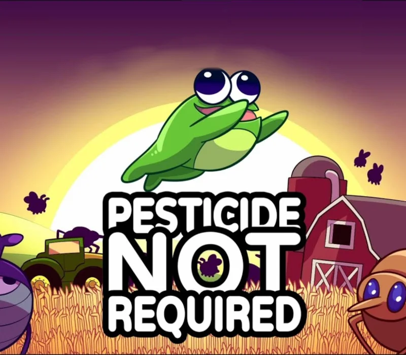 Pesticide Not Required cover: leaping green frog, red barn, jeep, PESTICIDE NOT REQUIRED title