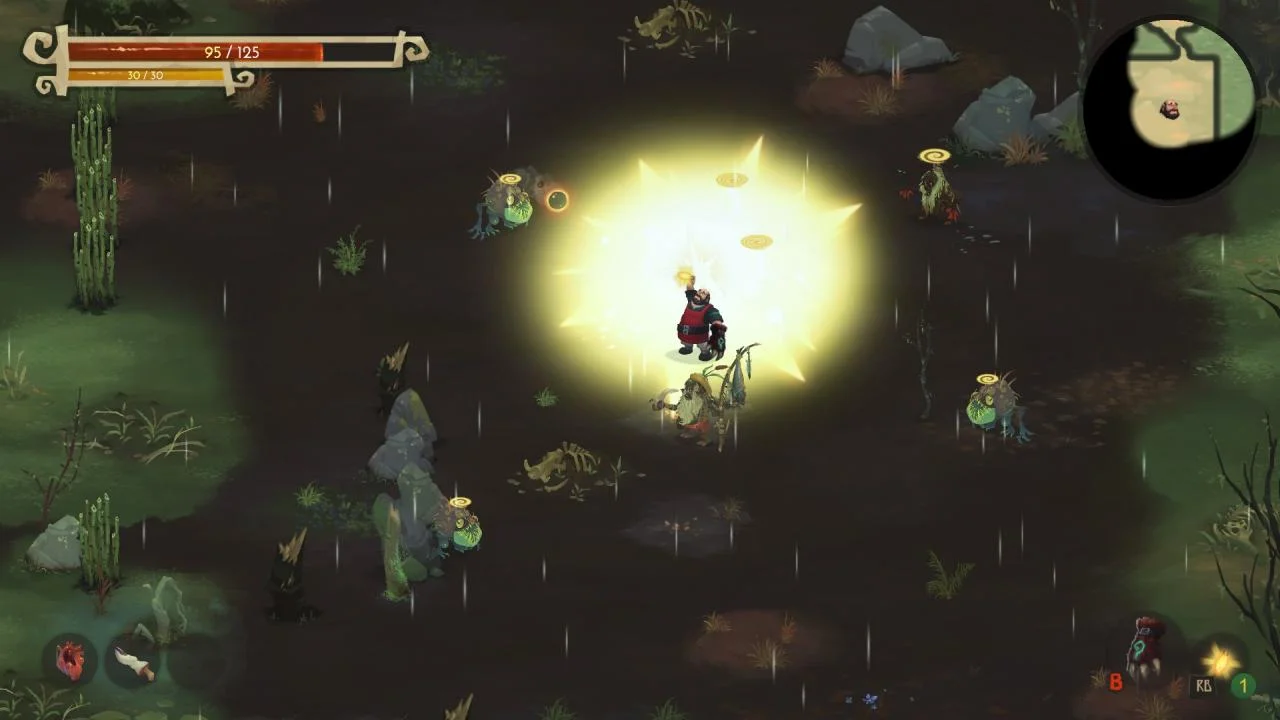 Night swamp: Ivan in a yellow burst among toad-like foes with gold rings, health 95/125