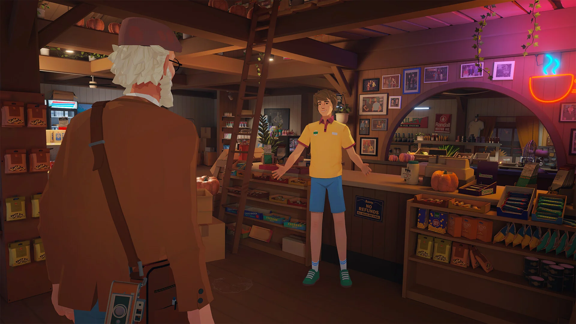 White-haired man in a brown jacket faces a clerk in yellow shirt and blue shorts in a wooden shop with a neon coffee cup and No Refunds sign