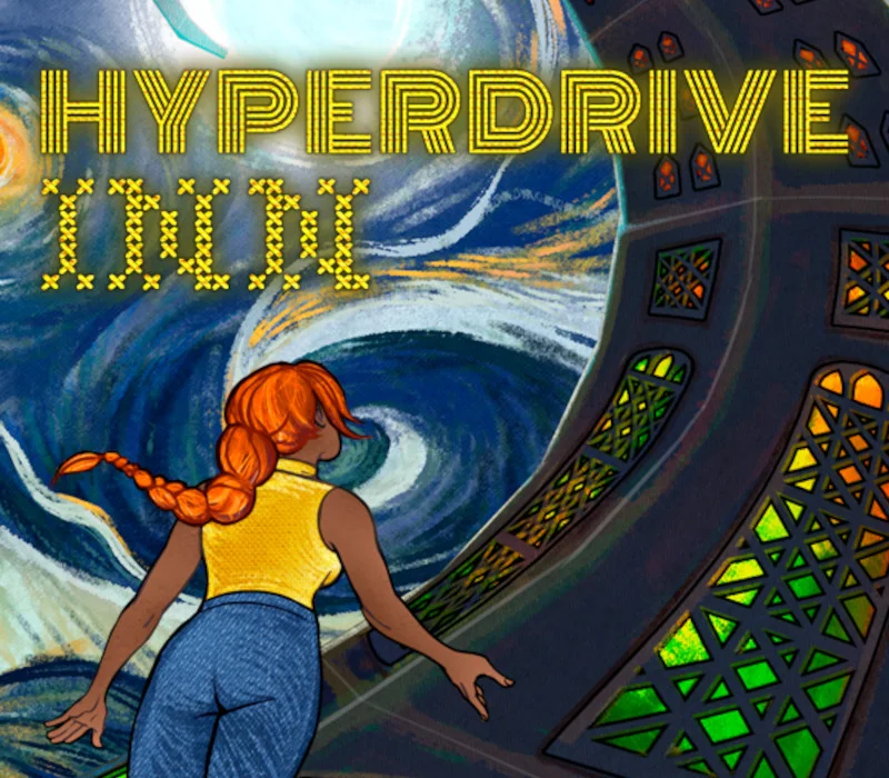 Hyperdrive Inn cover: red-haired woman in a yellow top facing a stained-glass tower against a swirling sky