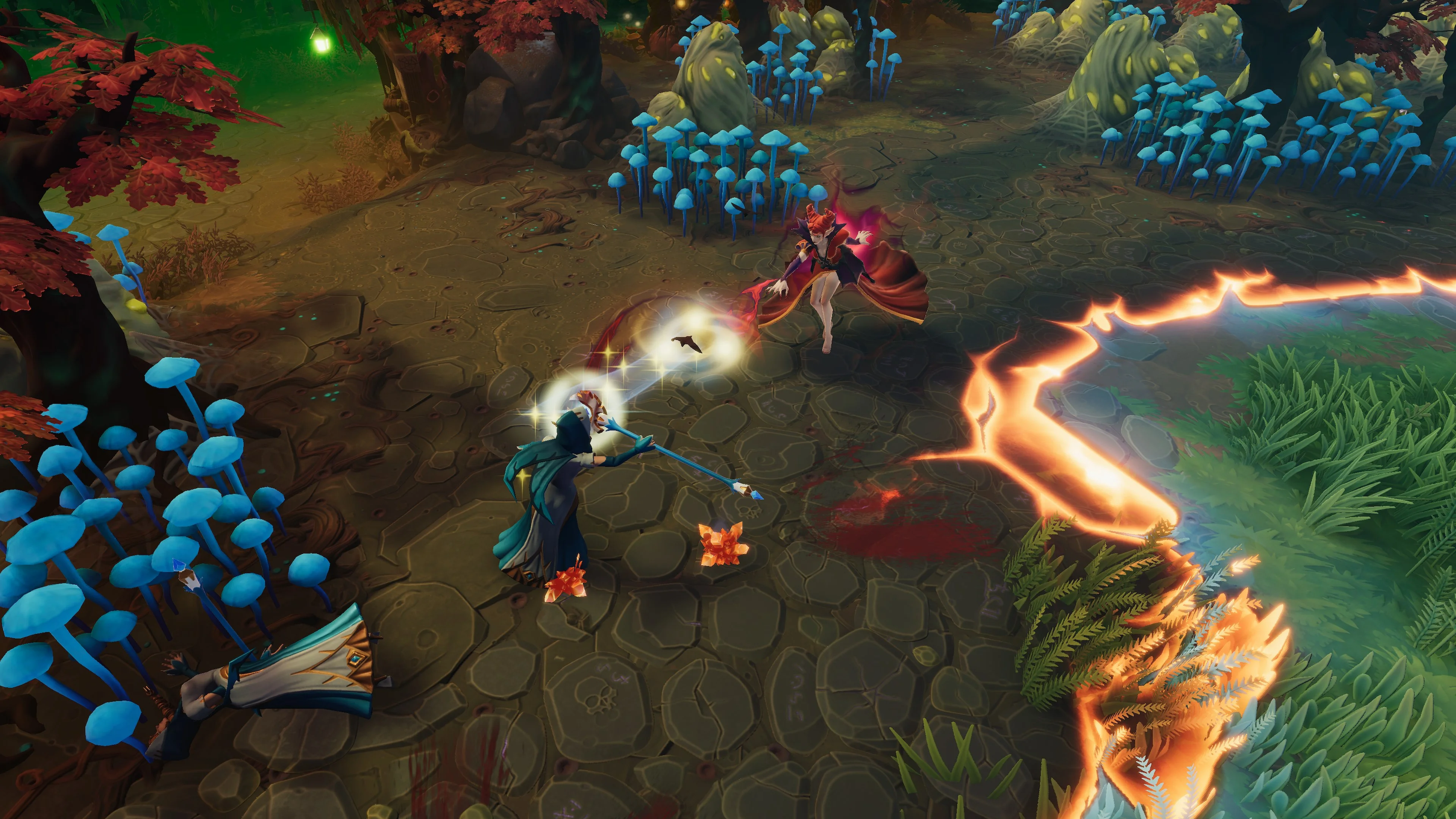 Two spellcasters duelling on a stone path beside blue mushrooms and a lava crack