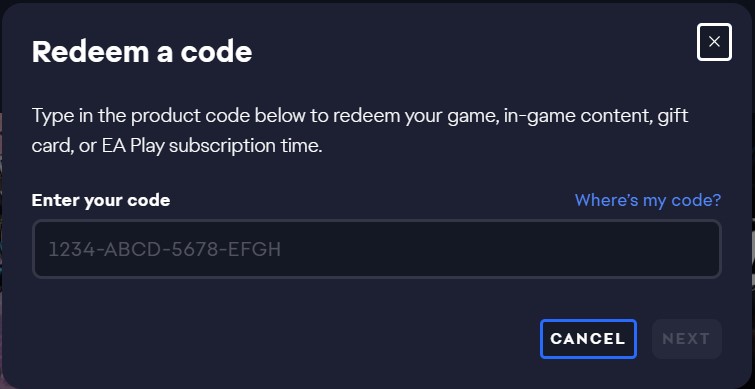 EA app code activation field