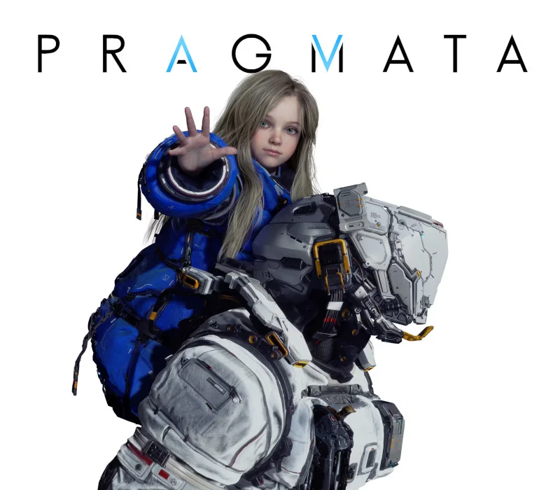 PRAGMATA cover of Diana in a blue jacket reaching forward from Hugh's white spacesuit