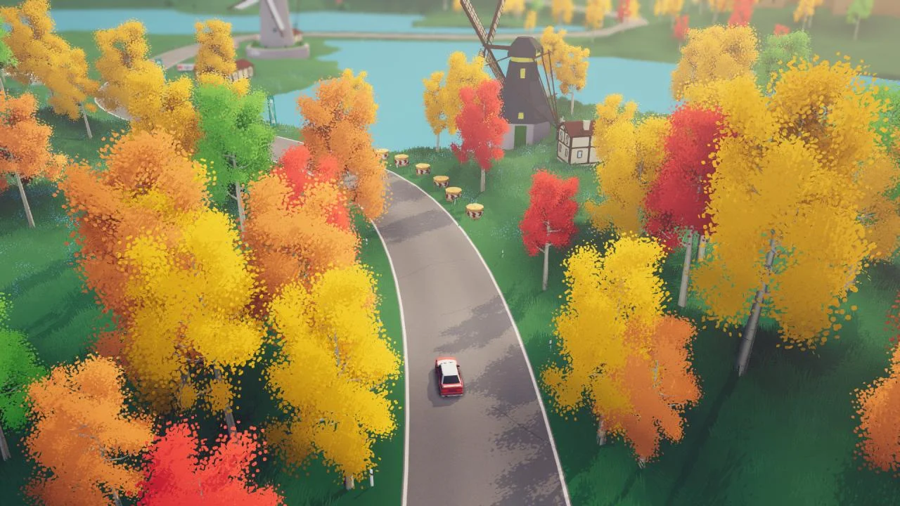 Autumn canal stage, red-white rally car on grey tarmac, windmill, lake and yellow-orange trees