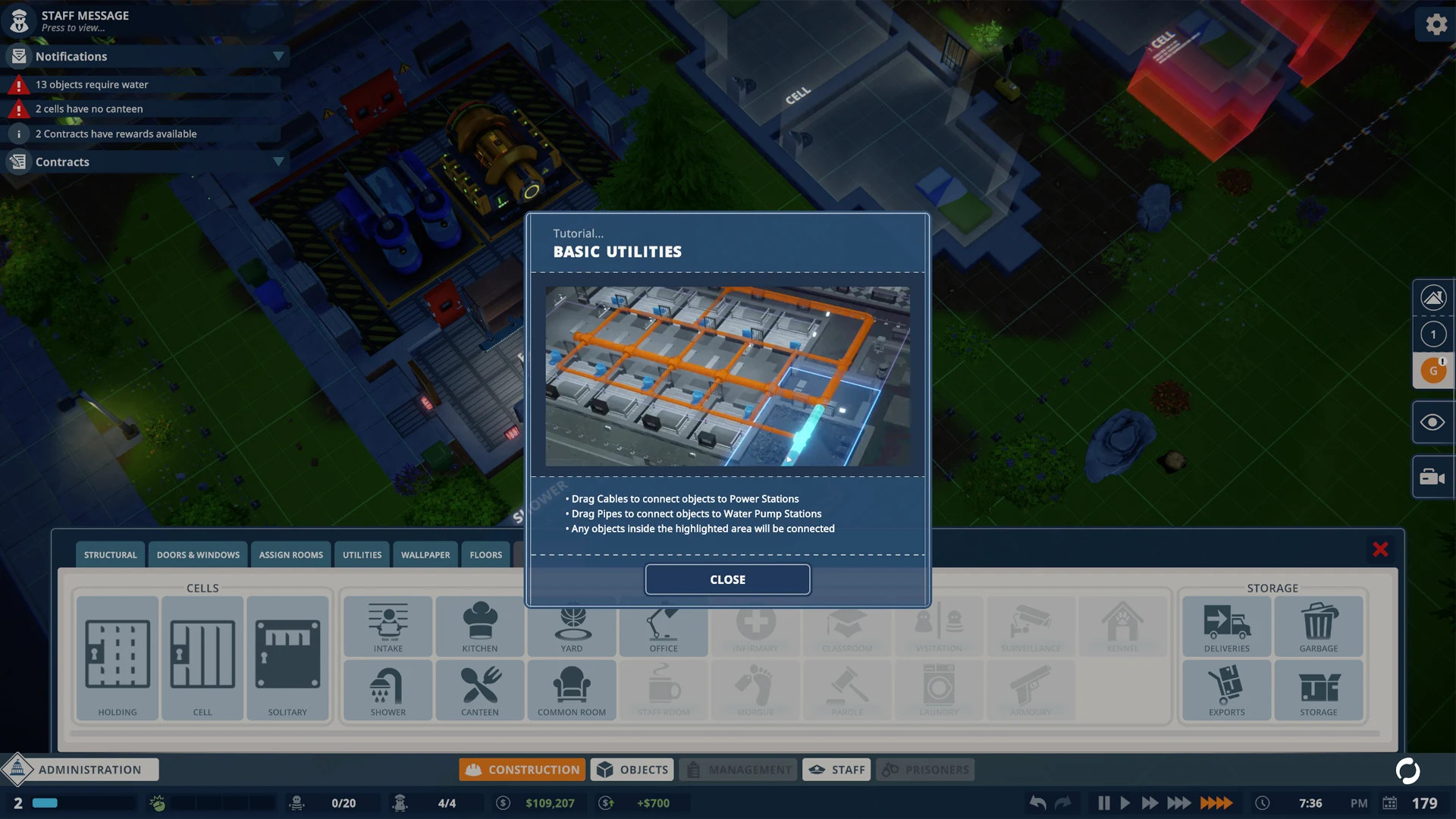 Prison Architect 2 interior cell block with guards patrolling a three-story prison wing