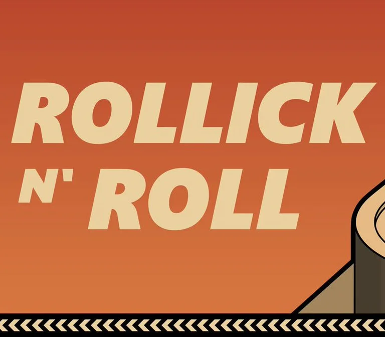 Cream ROLLICK N' ROLL lettering on a flat orange field, chevron strip along the bottom and a brown cylinder at the right edge