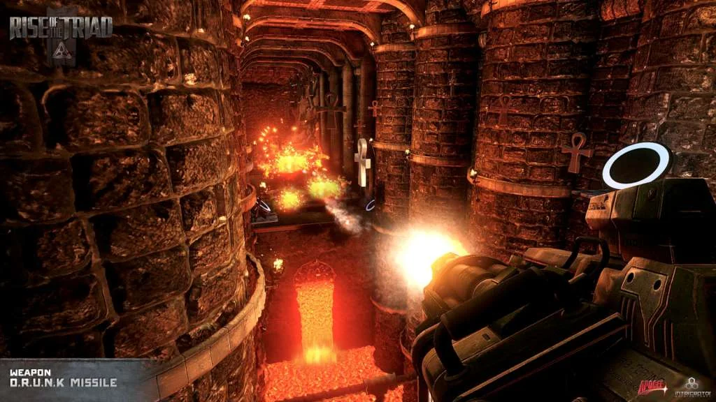 First-person rocket blast in a brick tunnel