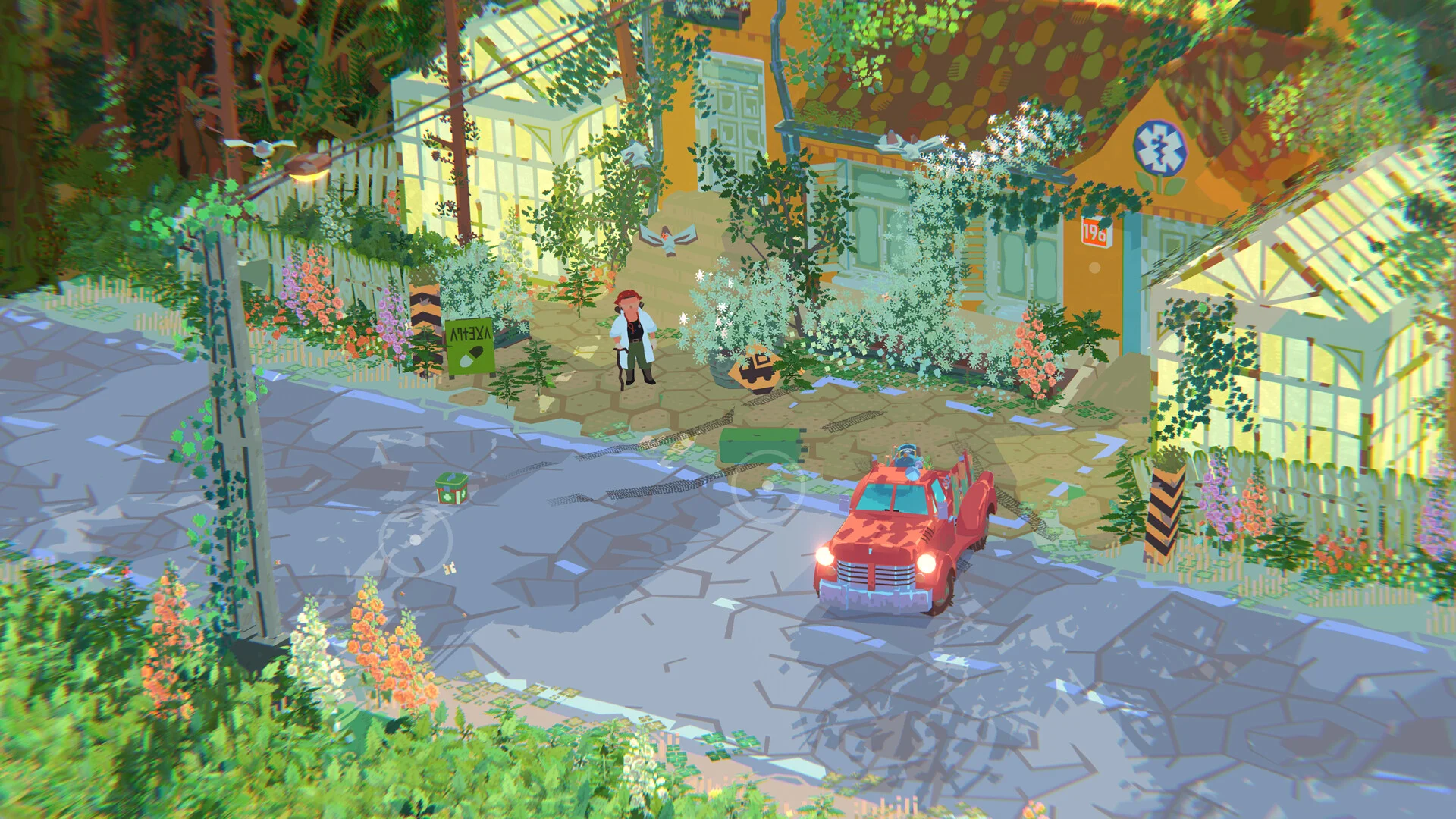 Daytime greenhouse: red pickup headlights on, person in a white coat among yellow glasshouses