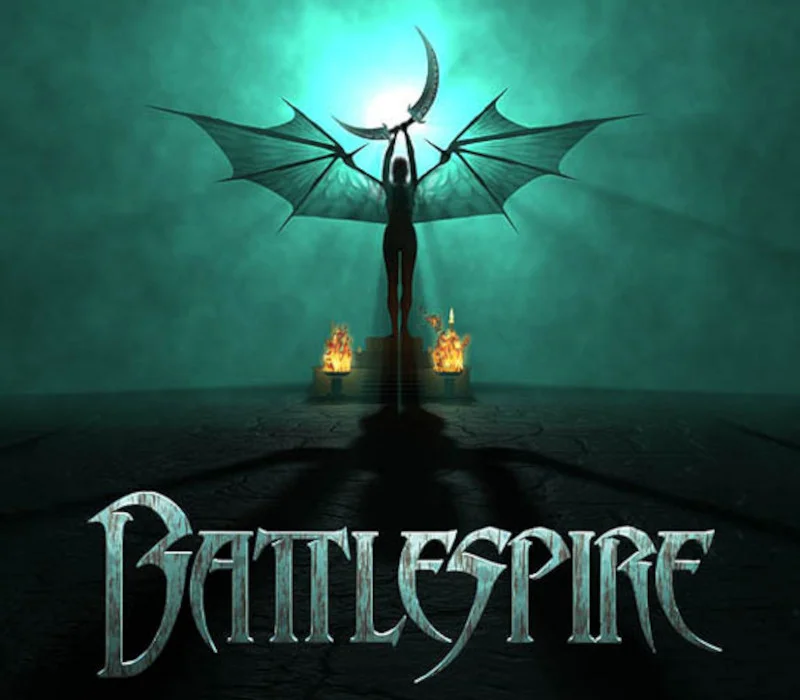 Battlespire cover: winged silhouette raising a crescent blade over twin braziers, BATTLESPIRE title
