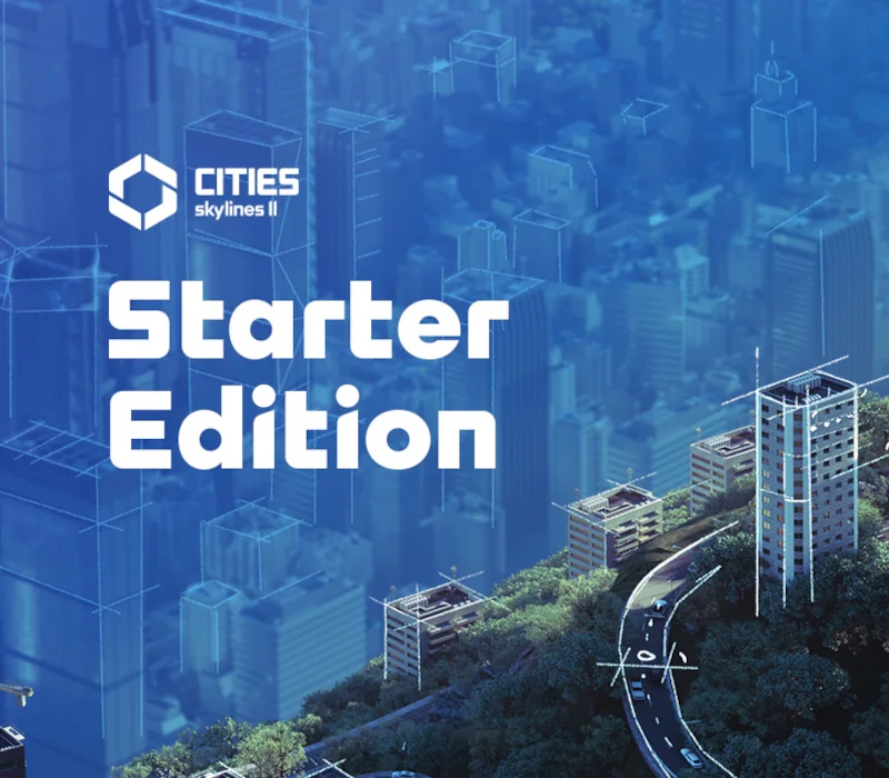 Cities Skylines II Starter Edition cover over a blue highway and glass towers