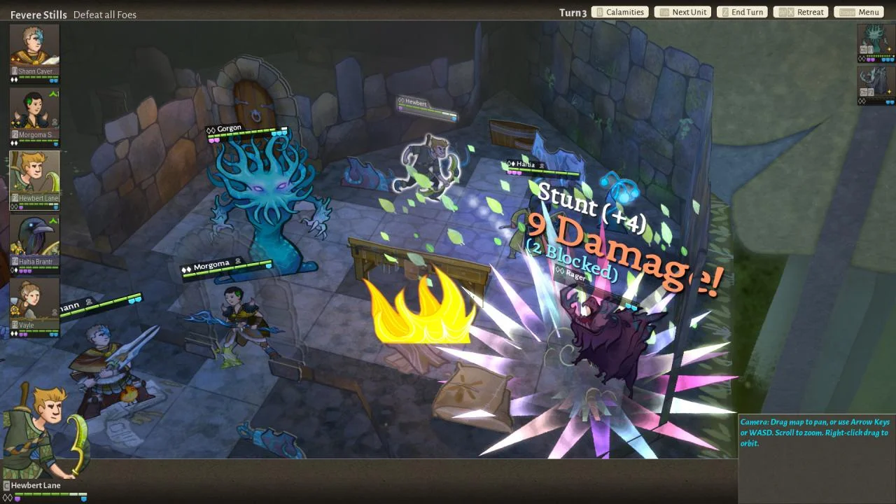 Fevere Stills combat: a blue gorgon in a stone room, Stunt +4 and 9 Damage over a purple burst, party portraits along the left