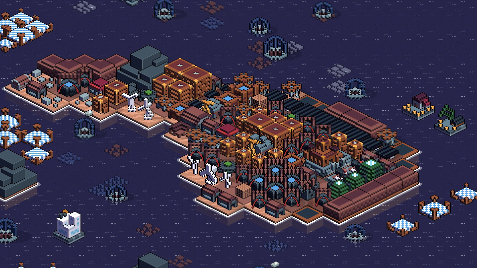 Night isometric island packed with brown factories, white walker figures, checkered tables on the water