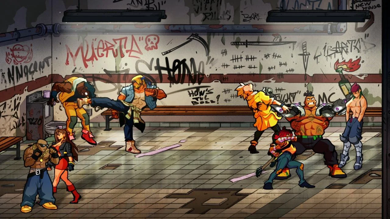 Graffiti-covered room where a large fighter kicks through a group of street fighters