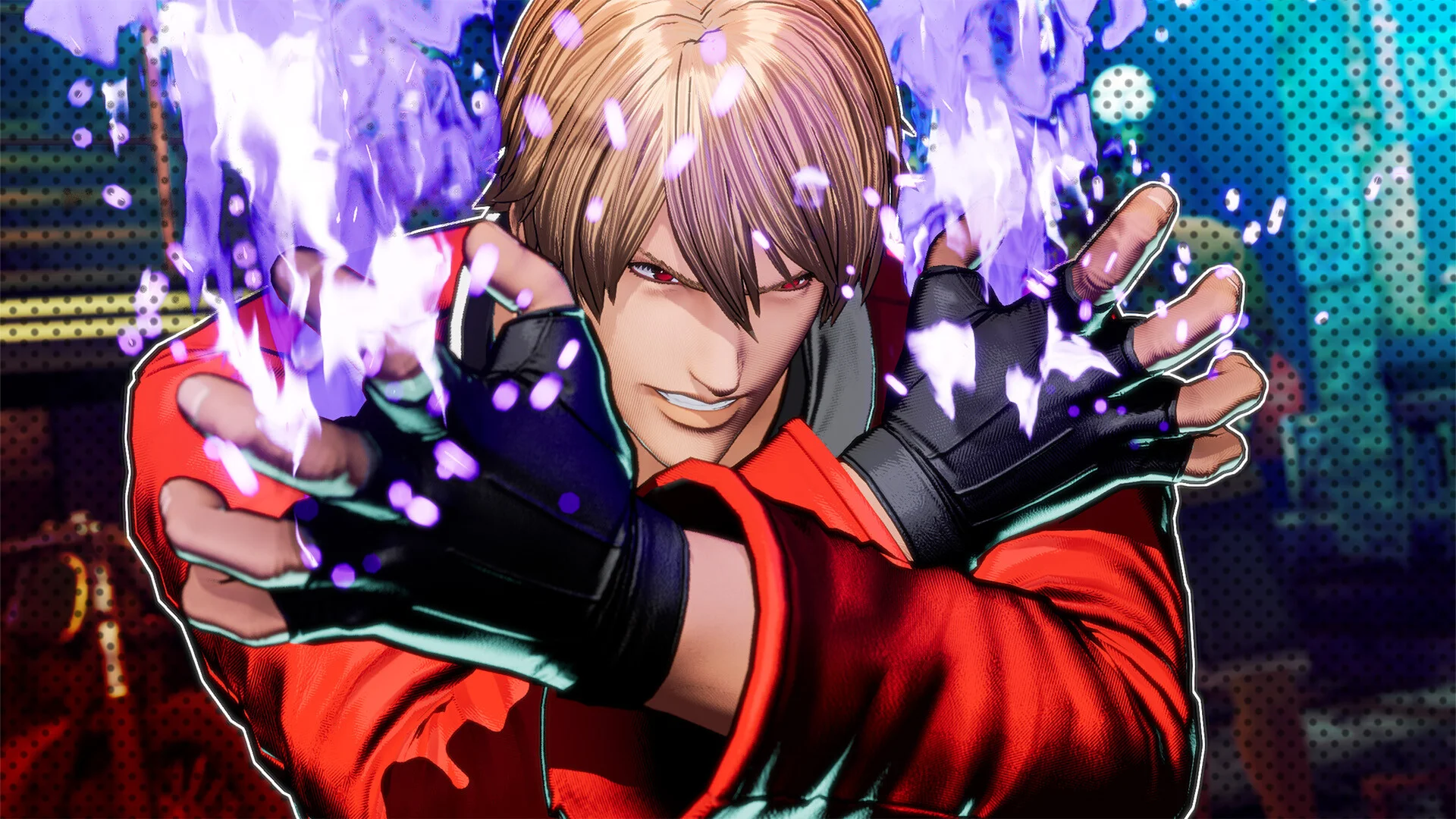 Blond fighter in a red jacket with purple energy around his fists