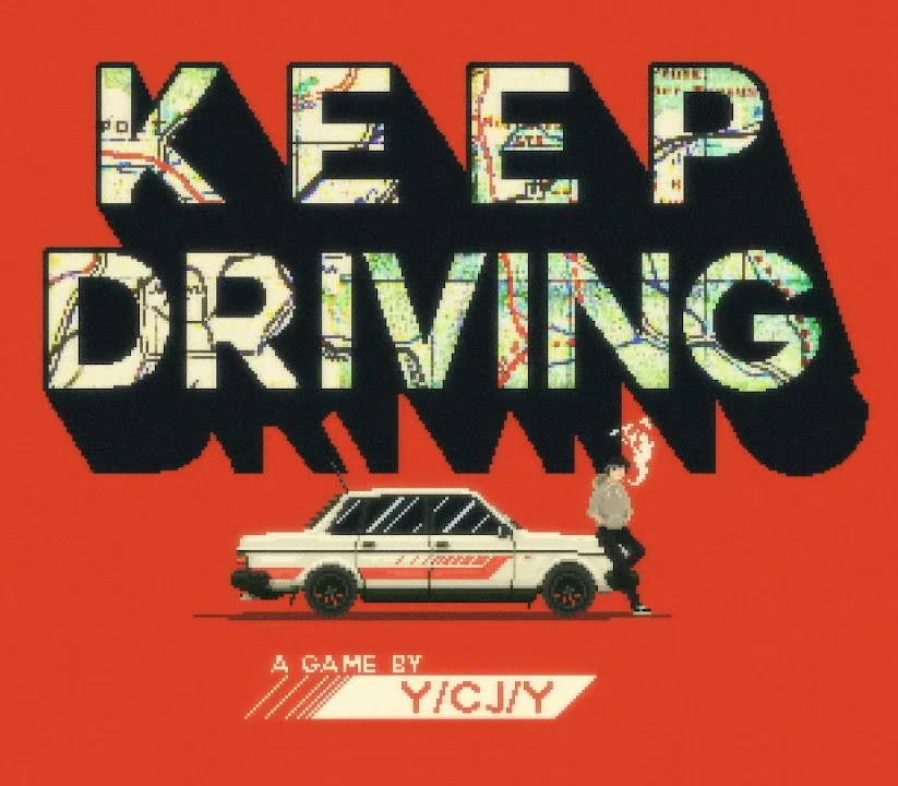 Okładka Keep Driving, KEEP DRIVING literami z mapy na czerwieni, biała limuzyna z czerwonym pasem, osoba na bagażniku, A GAME BY Y/C/J/Y