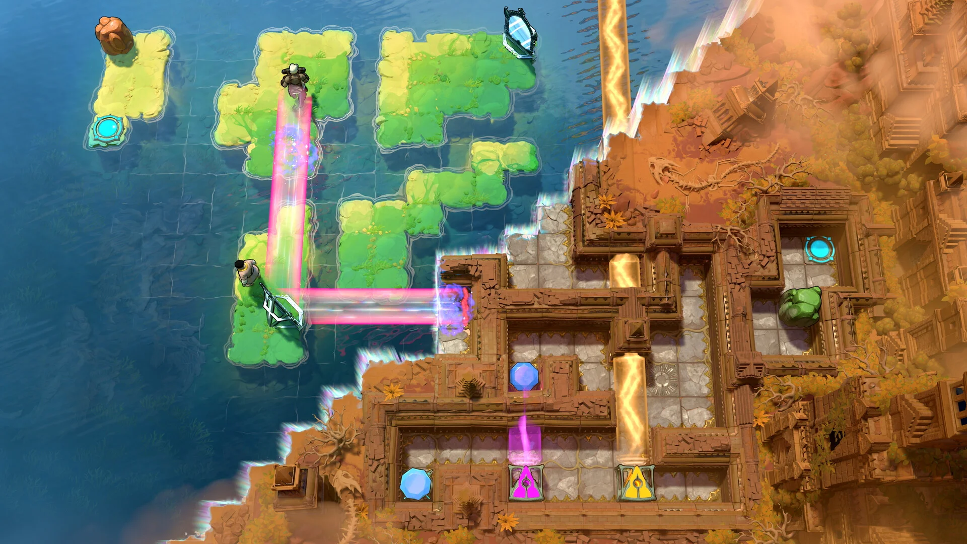 Split map, green water tiles with a pink beam on the left, desert ruins with blue crystals and gold light columns on the right