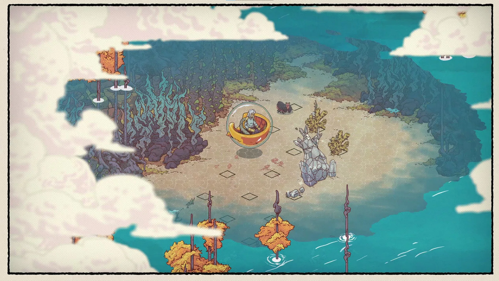 Aquamarine turn-based comic panel in an alien sea